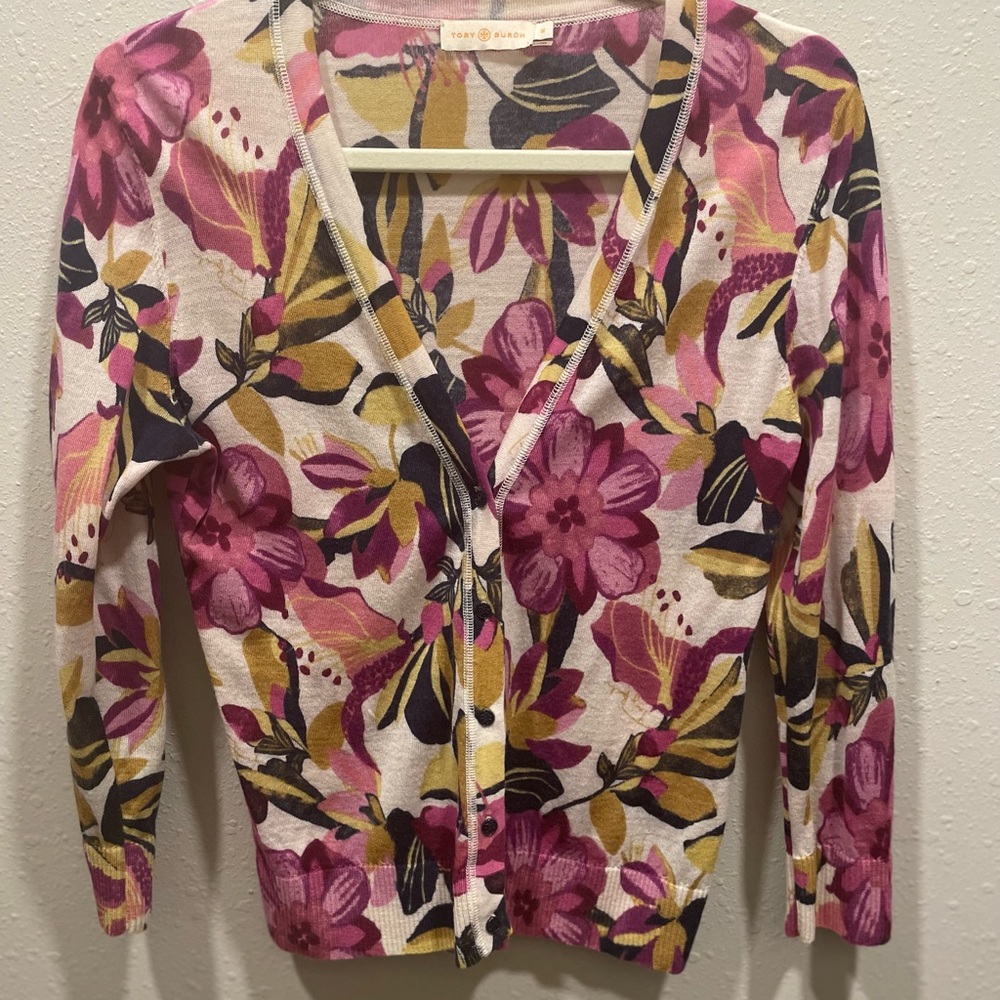 Tory Burch Pink and Green Floral Cardigan